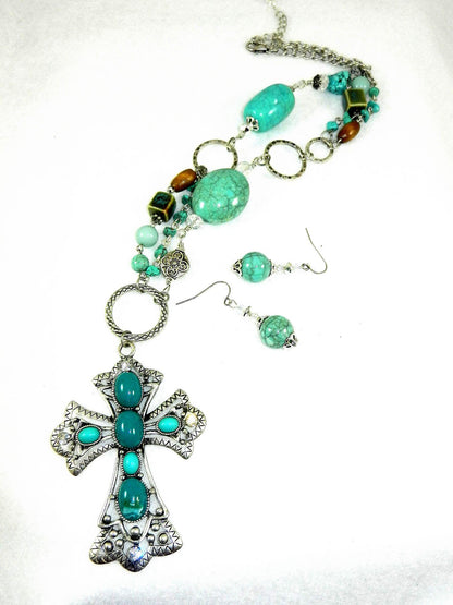 Silver Crystal and Turquoise Cross Necklace with Matching Turquoise and Crystal Earrings