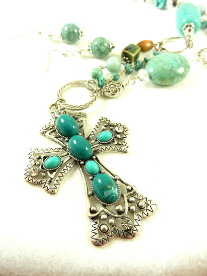 Silver Crystal and Turquoise Cross Necklace with Matching Turquoise and Crystal Earrings