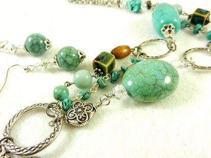 Silver Crystal and Turquoise Cross Necklace with Matching Turquoise and Crystal Earrings