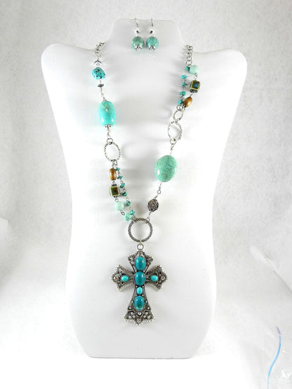 Silver Crystal and Turquoise Cross Necklace with Matching Turquoise and Crystal Earrings