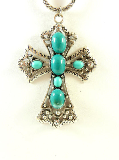 Silver Crystal and Turquoise Cross Necklace with Matching Turquoise and Crystal Earrings