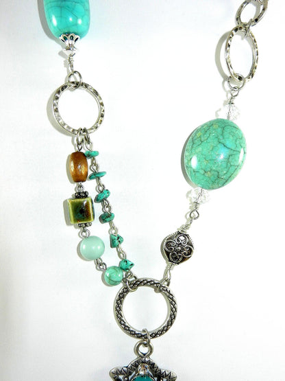 Silver Crystal and Turquoise Cross Necklace with Matching Turquoise and Crystal Earrings
