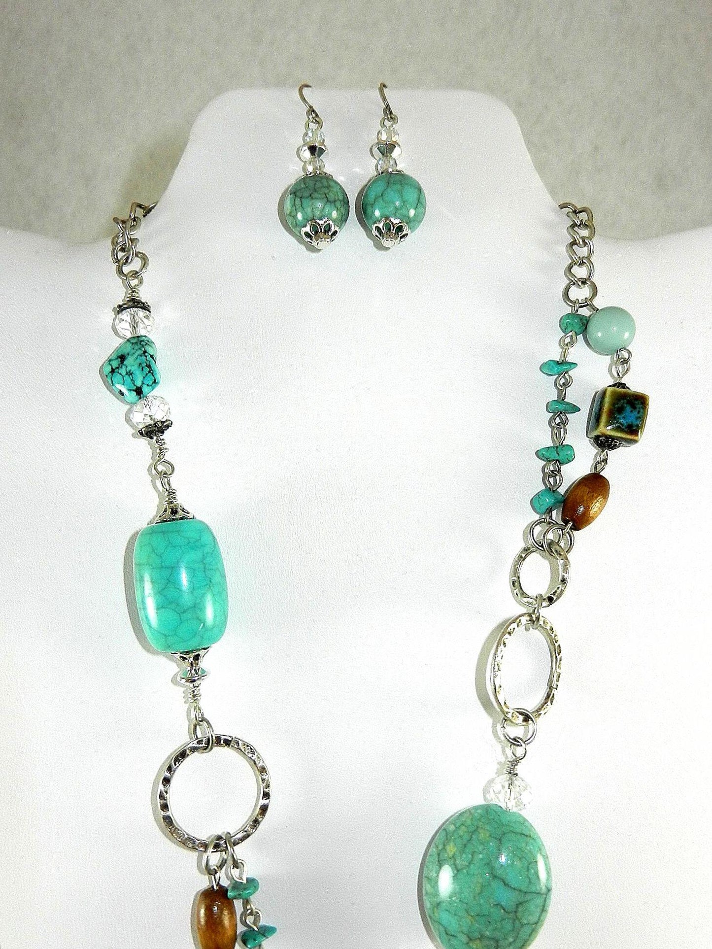 Silver Crystal and Turquoise Cross Necklace with Matching Turquoise and Crystal Earrings