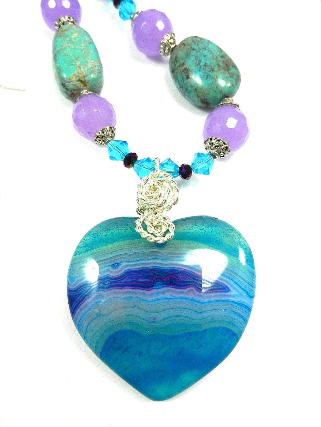 African Turquoise and Lavender Jade Gemstone Necklace with a Blue and Purple agate Gemstone Heart