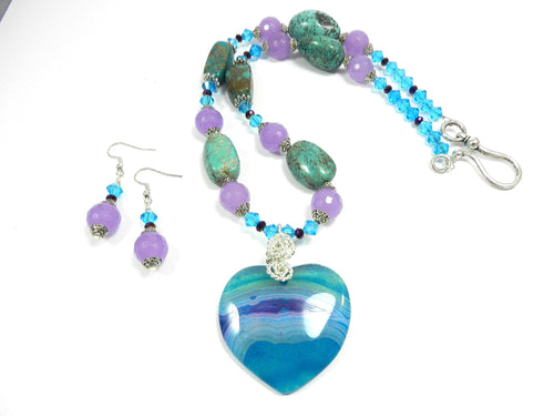 African Turquoise and Lavender Jade Gemstone Necklace with a Blue and Purple agate Gemstone Heart