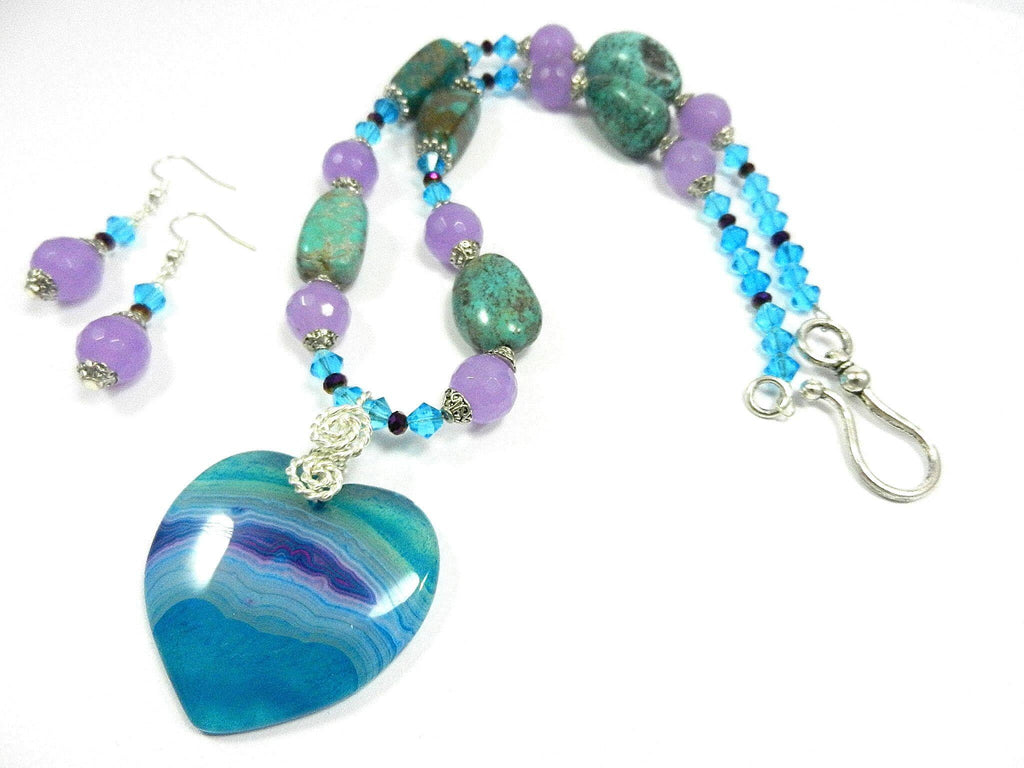 African Turquoise and Lavender Jade Gemstone Necklace with a Blue and Purple agate Gemstone Heart