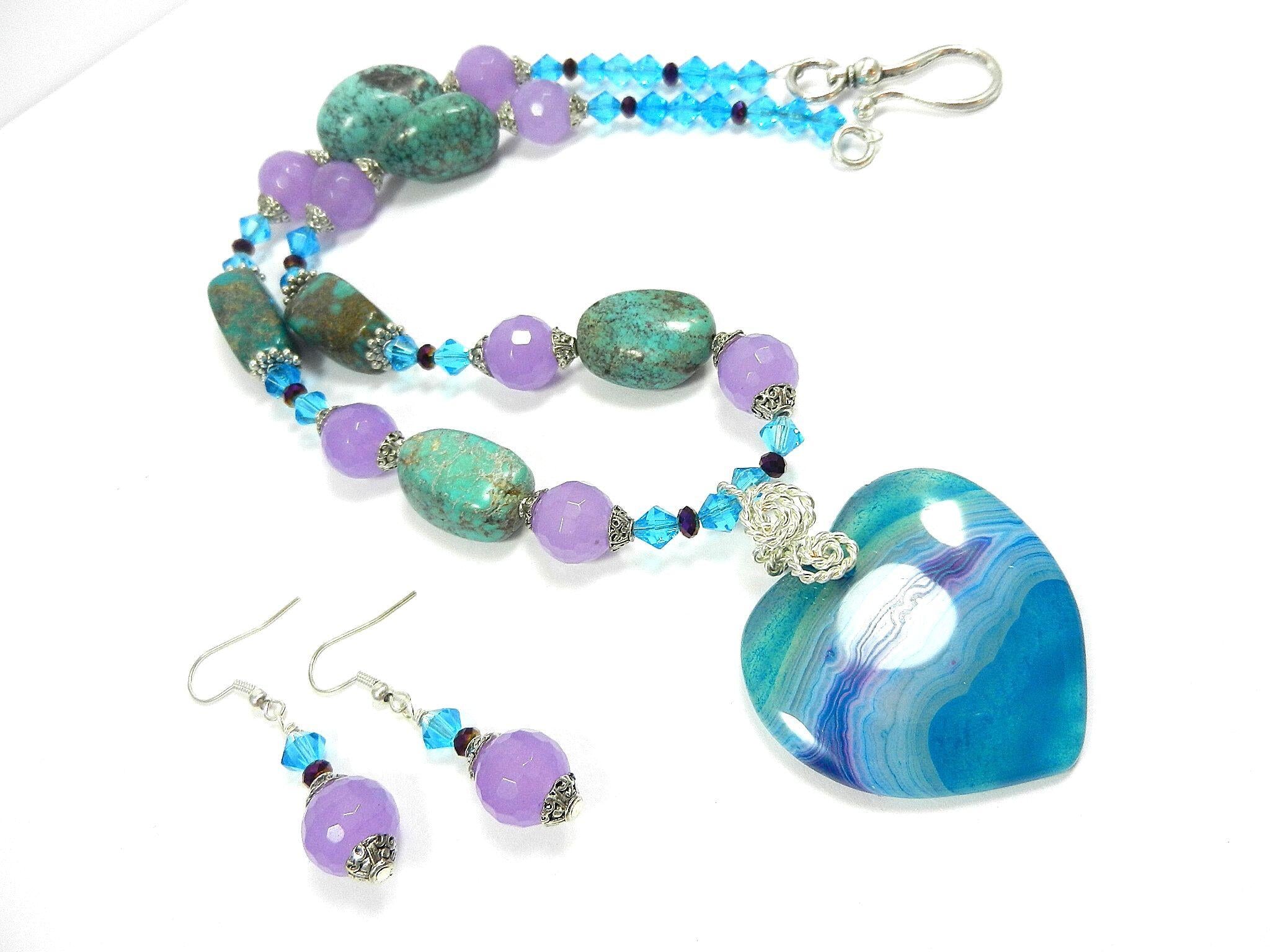African Turquoise and Lavender Jade Gemstone Necklace with a Blue and Purple agate Gemstone Heart