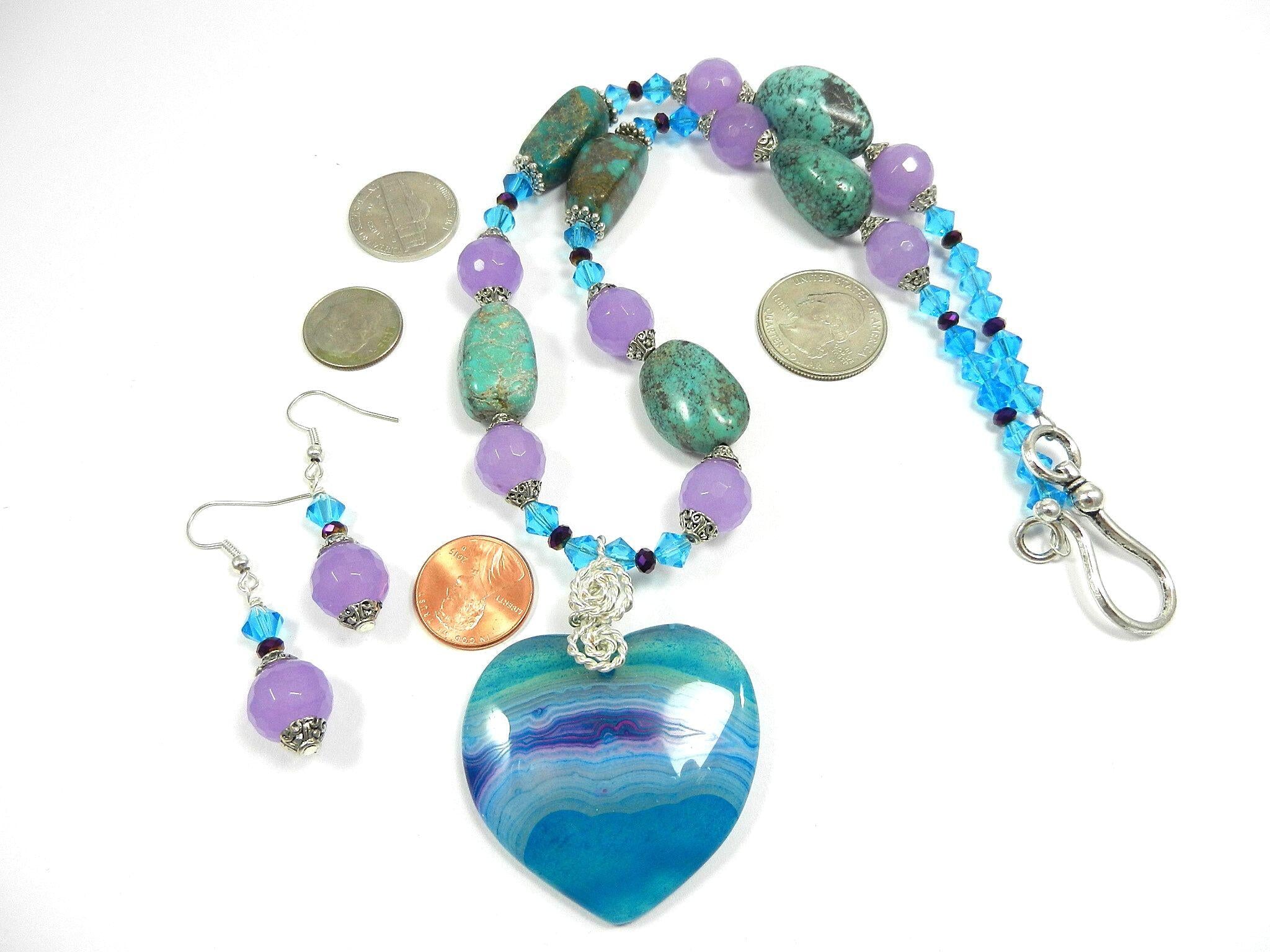 African Turquoise and Lavender Jade Gemstone Necklace with a Blue and Purple agate Gemstone Heart