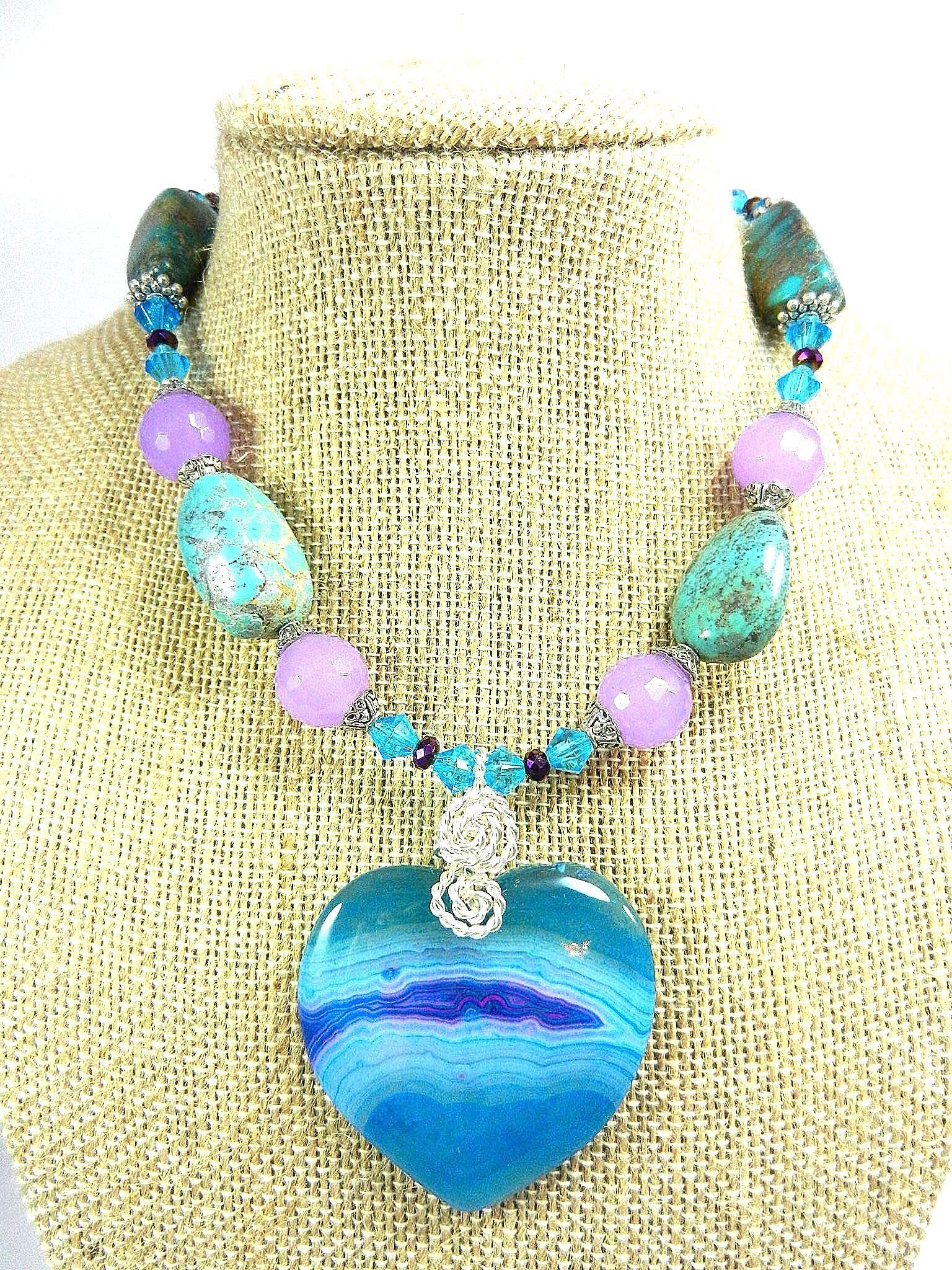 African Turquoise and Lavender Jade Gemstone Necklace with a Blue and Purple agate Gemstone Heart