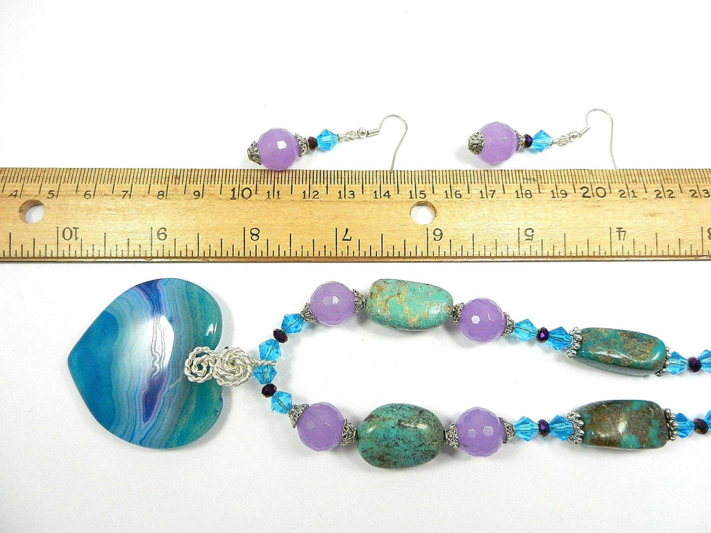 African Turquoise and Lavender Jade Gemstone Necklace with a Blue and Purple agate Gemstone Heart