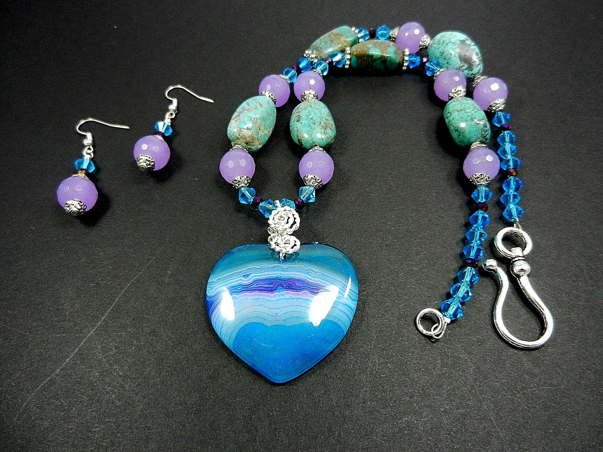 African Turquoise and Lavender Jade Gemstone Necklace with a Blue and Purple agate Gemstone Heart
