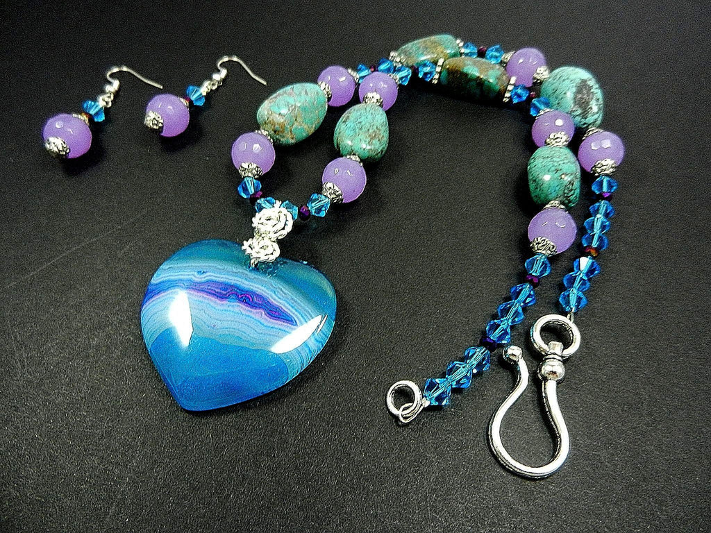 African Turquoise and Lavender Jade Gemstone Necklace with a Blue and Purple agate Gemstone Heart