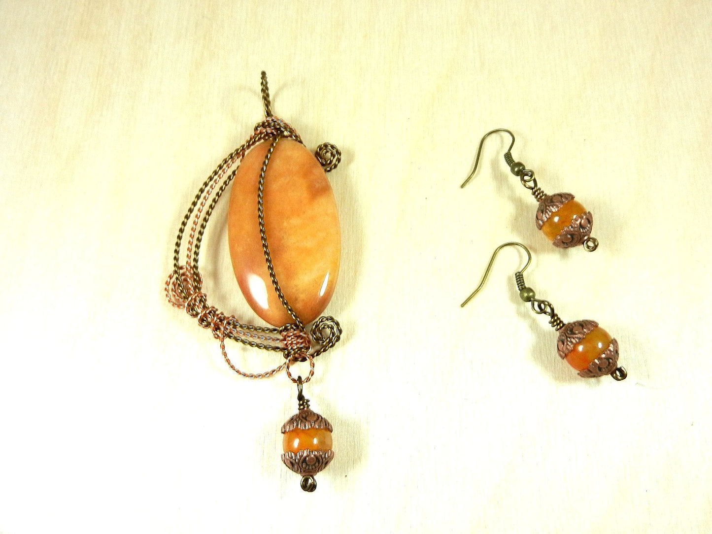 Bronze and Copper Wire Wrapped Orange Yellow Brown Agate Pendant with Matching Agate Earrings
