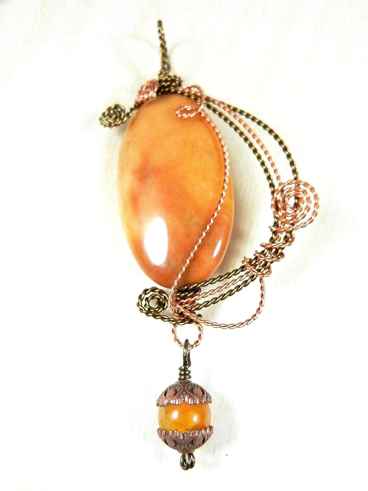 Bronze and Copper Wire Wrapped Orange Yellow Brown Agate Pendant with Matching Agate Earrings