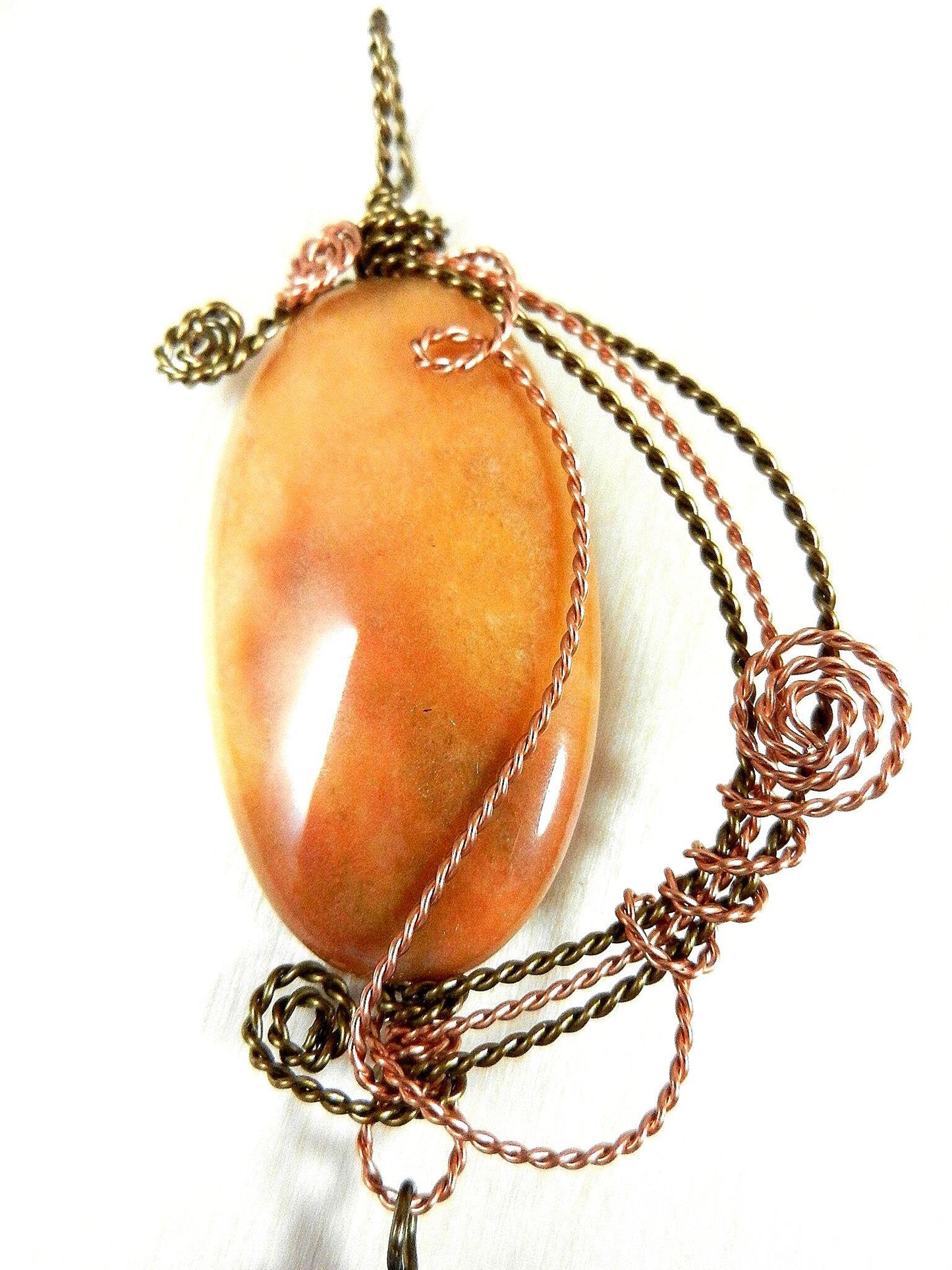 Bronze and Copper Wire Wrapped Orange Yellow Brown Agate Pendant with Matching Agate Earrings