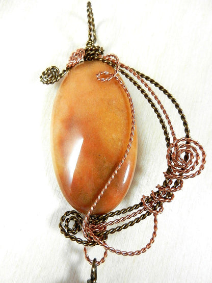 Bronze and Copper Wire Wrapped Orange Yellow Brown Agate Pendant with Matching Agate Earrings