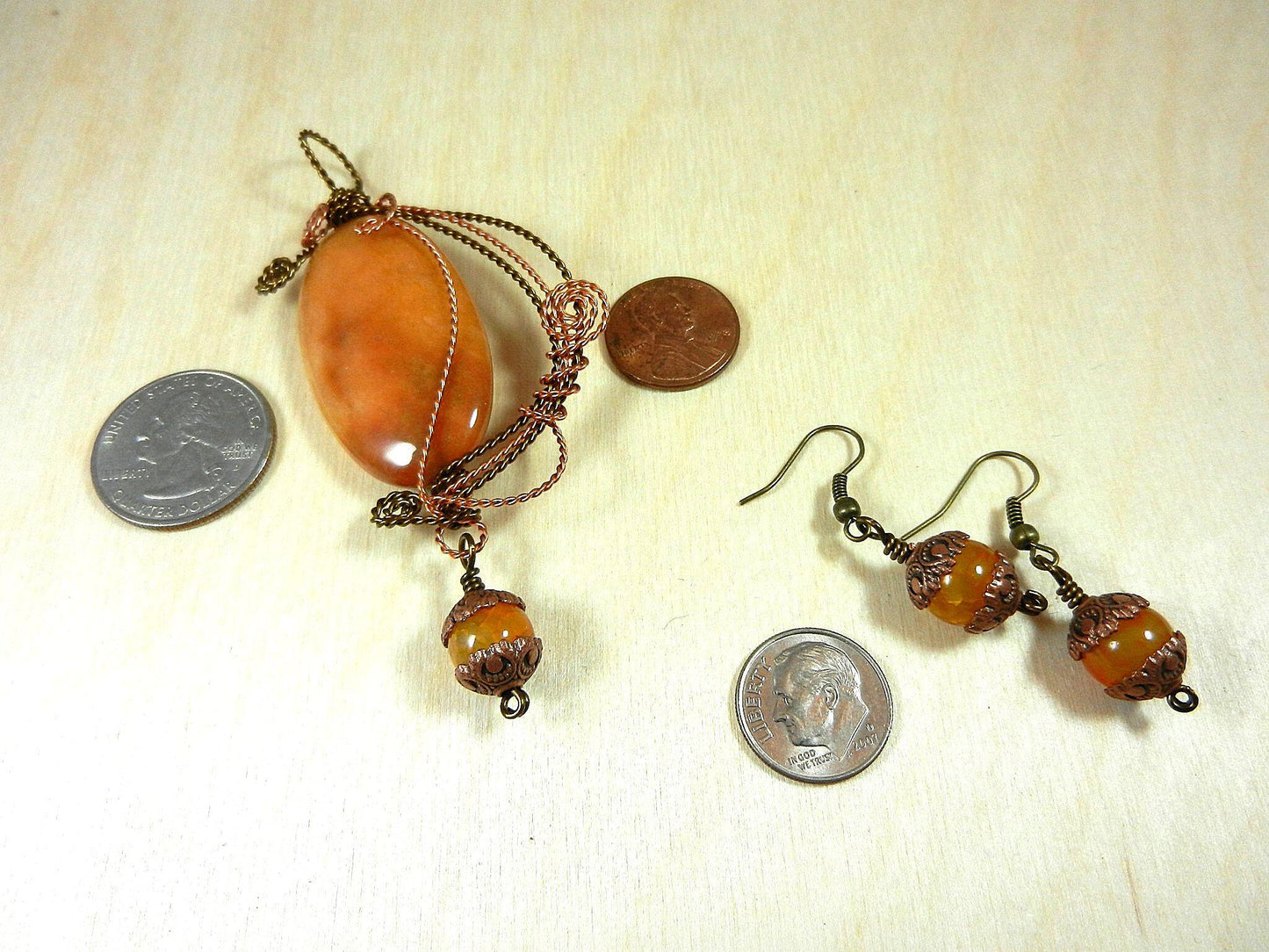 Bronze and Copper Wire Wrapped Orange Yellow Brown Agate Pendant with Matching Agate Earrings