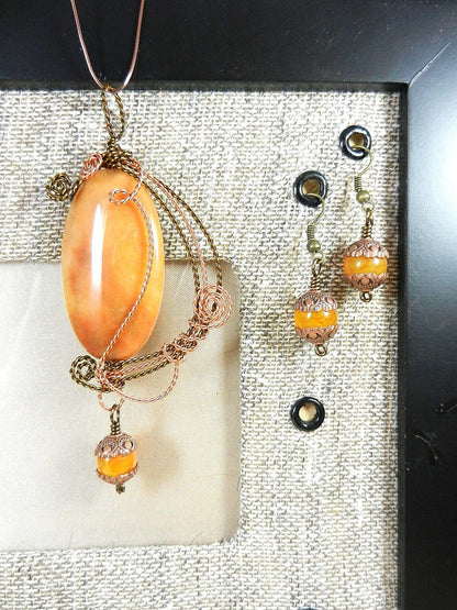 Bronze and Copper Wire Wrapped Orange Yellow Brown Agate Pendant with Matching Agate Earrings