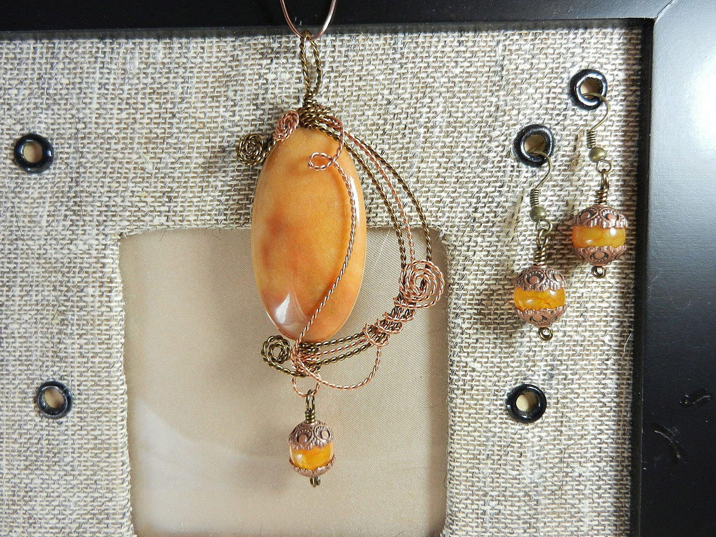Bronze and Copper Wire Wrapped Orange Yellow Brown Agate Pendant with Matching Agate Earrings