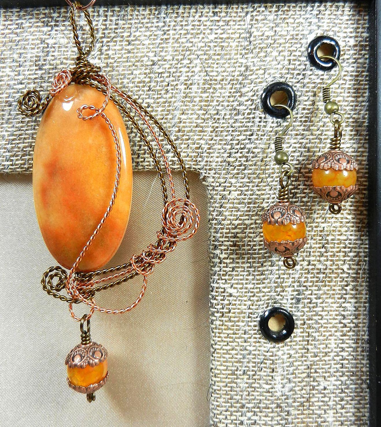 Bronze and Copper Wire Wrapped Orange Yellow Brown Agate Pendant with Matching Agate Earrings