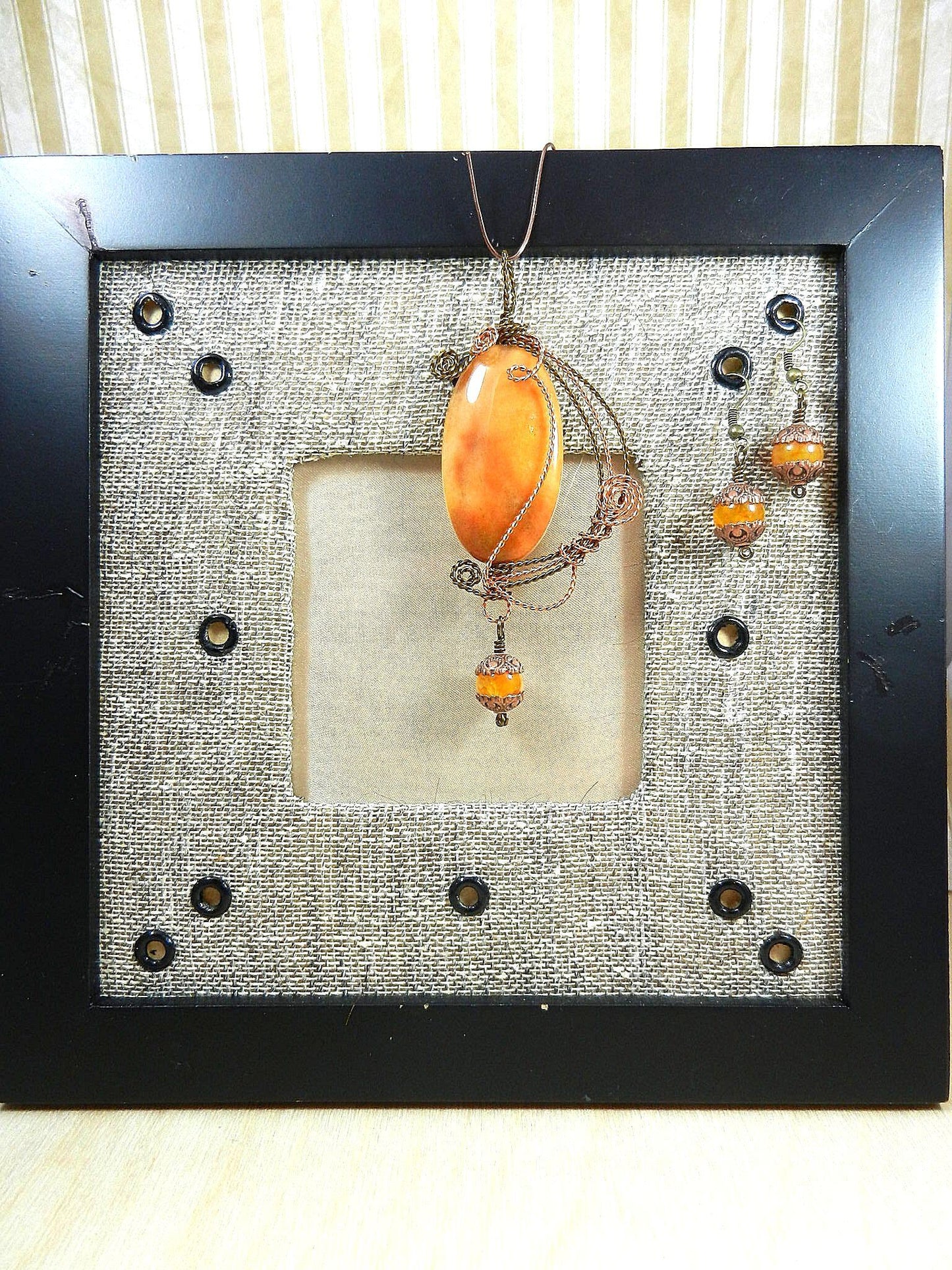 Bronze and Copper Wire Wrapped Orange Yellow Brown Agate Pendant with Matching Agate Earrings
