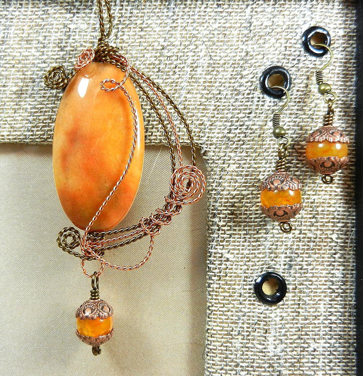 Bronze and Copper Wire Wrapped Orange Yellow Brown Agate Pendant with Matching Agate Earrings