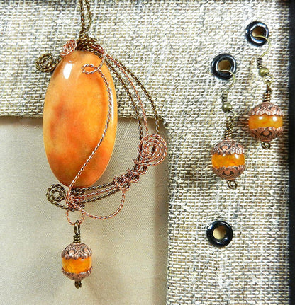 Bronze and Copper Wire Wrapped Orange Yellow Brown Agate Pendant with Matching Agate Earrings