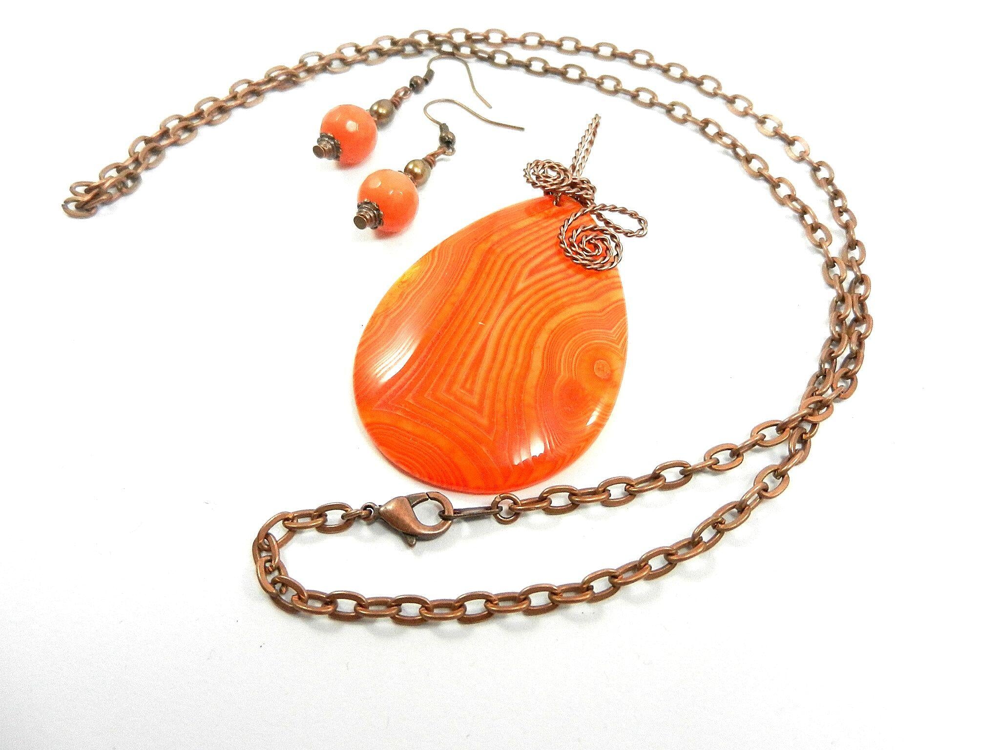 Antique Copper Wire Wrapped Orange and Yellow Banded Agate Pendant Necklace with Matching Round Faceted Agate Earrings