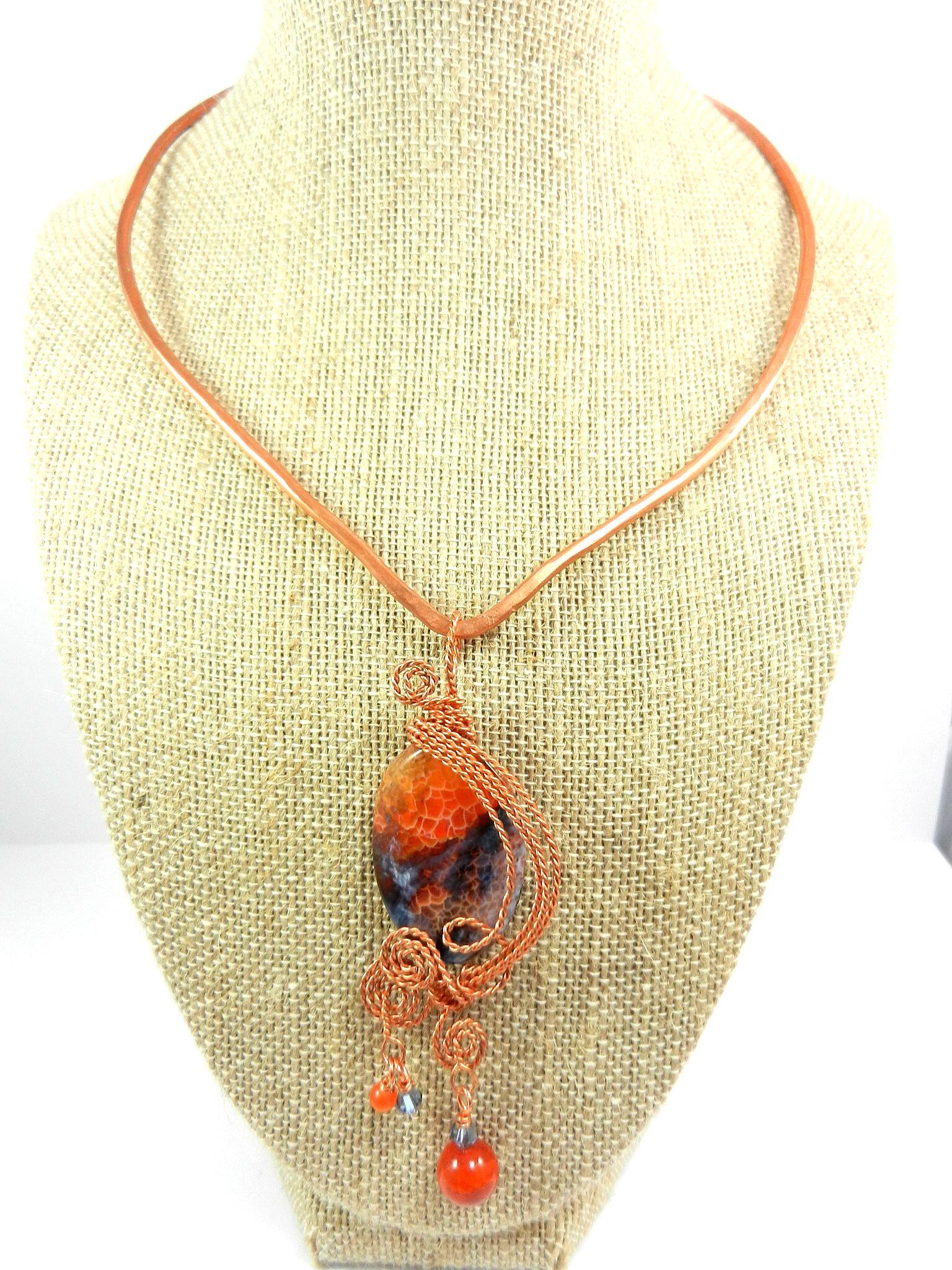 Bare Copper Wire Wrapped Orange and Blue Oval Fire Agate Gemstone Pendant with a Hammered Bare Copper Choker and Matching Agate Earrings
