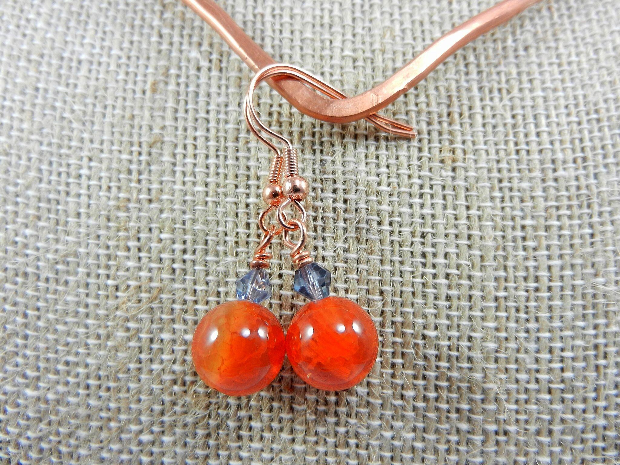 Bare Copper Wire Wrapped Orange and Blue Oval Fire Agate Gemstone Pendant with a Hammered Bare Copper Choker and Matching Agate Earrings