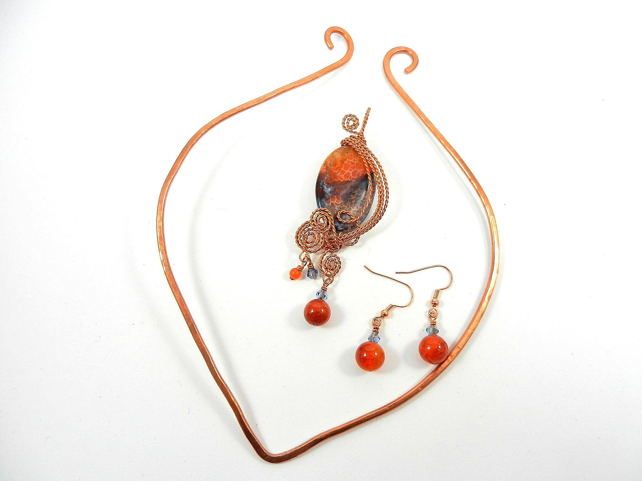 Bare Copper Wire Wrapped Orange and Blue Oval Fire Agate Gemstone Pendant with a Hammered Bare Copper Choker and Matching Agate Earrings