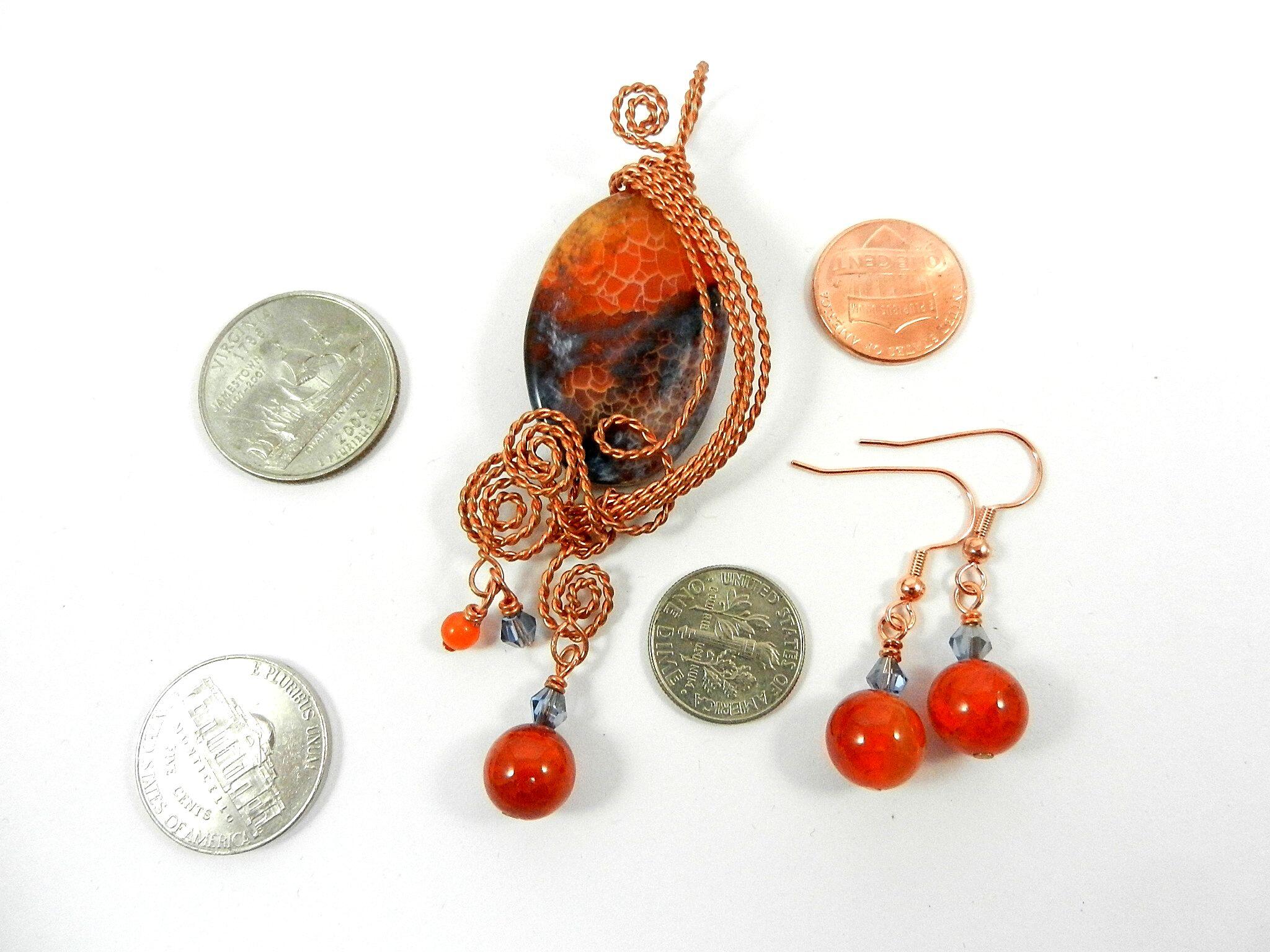 Bare Copper Wire Wrapped Orange and Blue Oval Fire Agate Gemstone Pendant with a Hammered Bare Copper Choker and Matching Agate Earrings