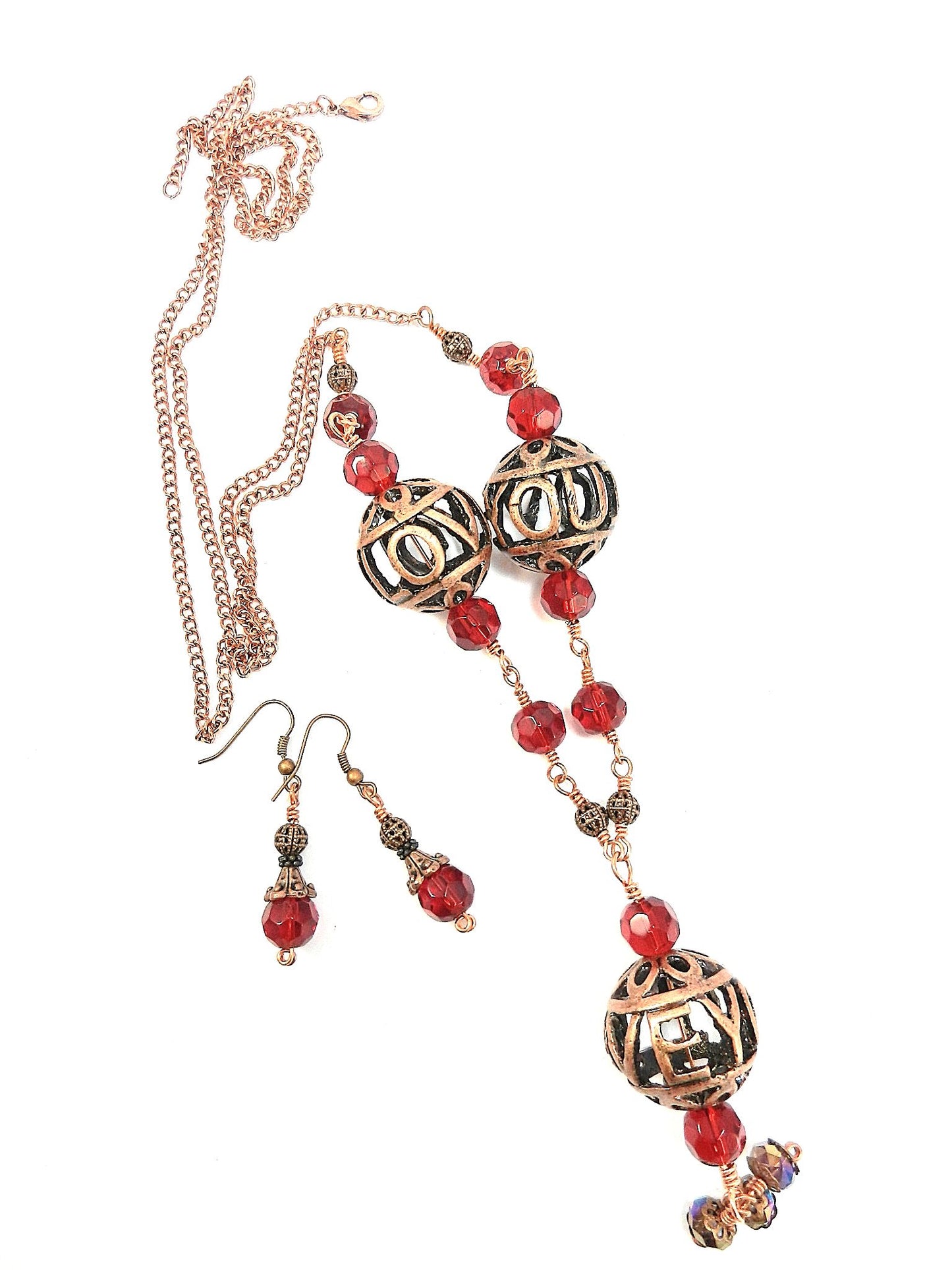 Bare Copper Wire Wrapped I Love You Bead Necklace with Matching Earrings