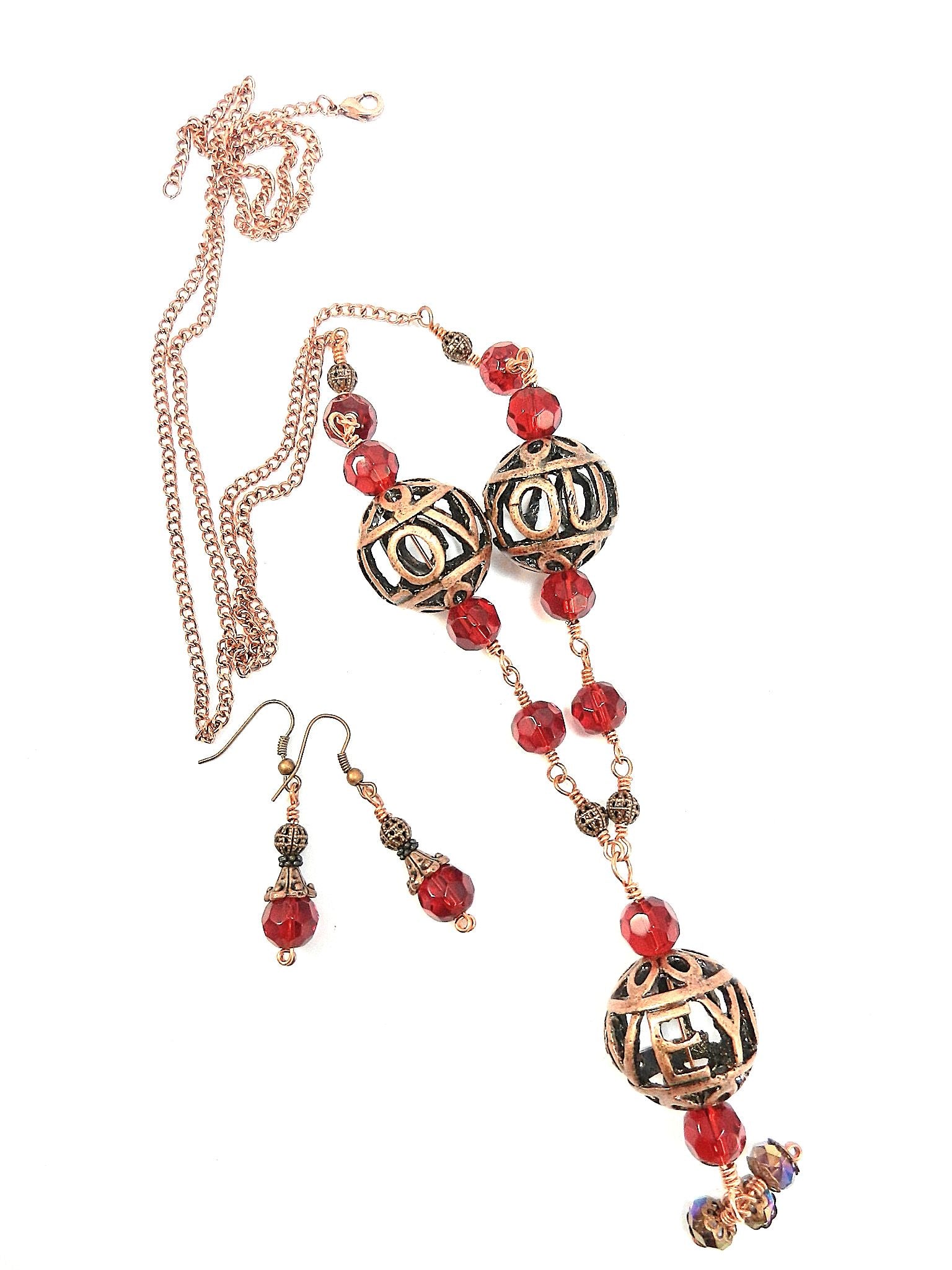 Bare Copper Wire Wrapped I Love You Bead Necklace with Matching Earrings