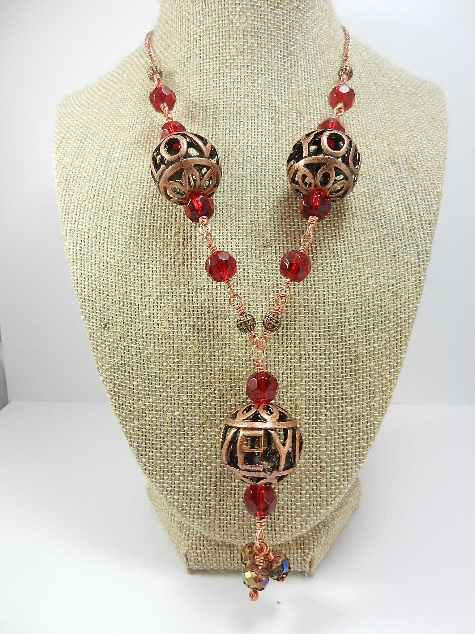 Bare Copper Wire Wrapped I Love You Bead Necklace with Matching Earrings