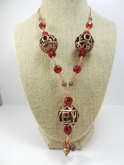 Bare Copper Wire Wrapped I Love You Bead Necklace with Matching Earrings