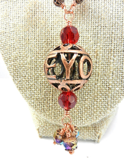 Bare Copper Wire Wrapped I Love You Bead Necklace with Matching Earrings