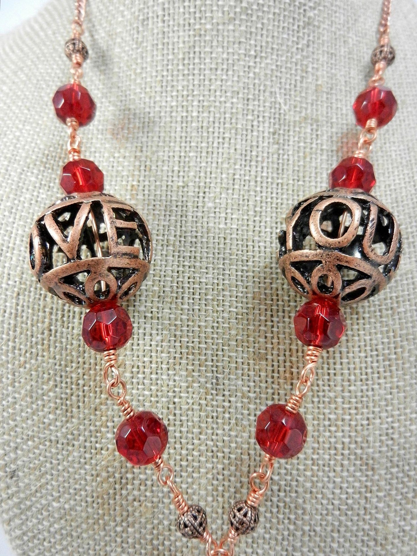 Bare Copper Wire Wrapped I Love You Bead Necklace with Matching Earrings