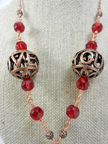 Bare Copper Wire Wrapped I Love You Bead Necklace with Matching Earrings