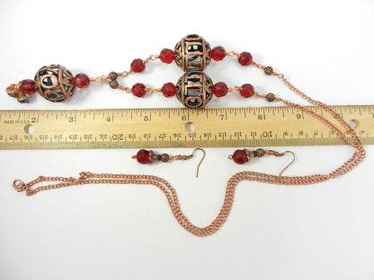 Bare Copper Wire Wrapped I Love You Bead Necklace with Matching Earrings