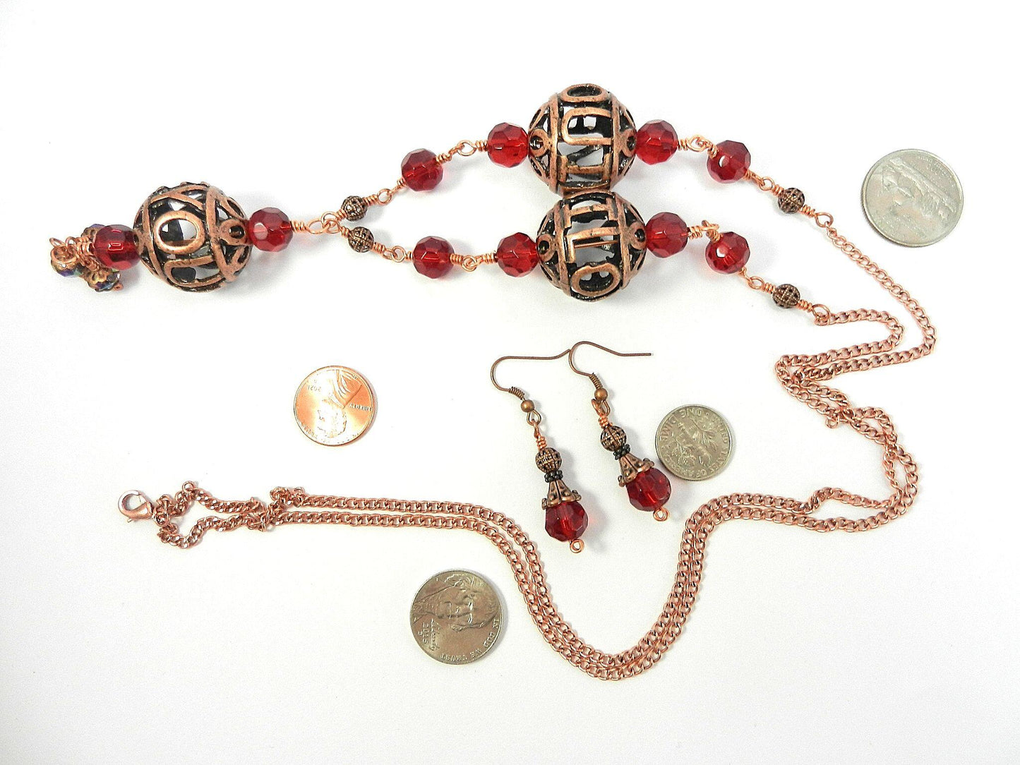 Bare Copper Wire Wrapped I Love You Bead Necklace with Matching Earrings