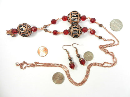 Bare Copper Wire Wrapped I Love You Bead Necklace with Matching Earrings