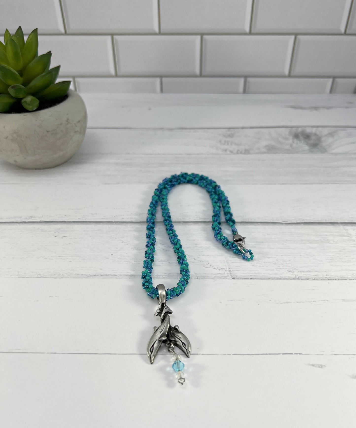 Dolphin Pendant Necklace, Beaded Spiral Rope, 20 Inch