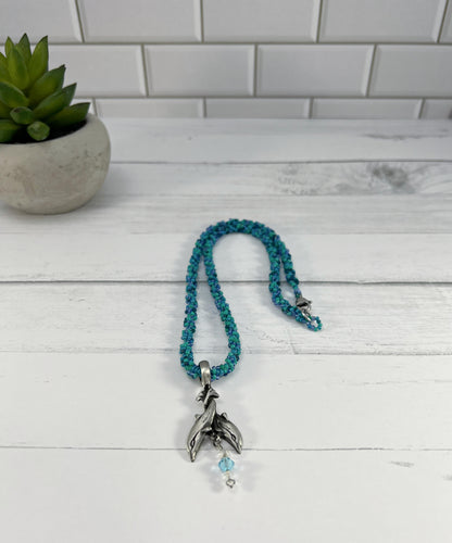 Dolphin Pendant Necklace, Beaded Spiral Rope, 20 Inch