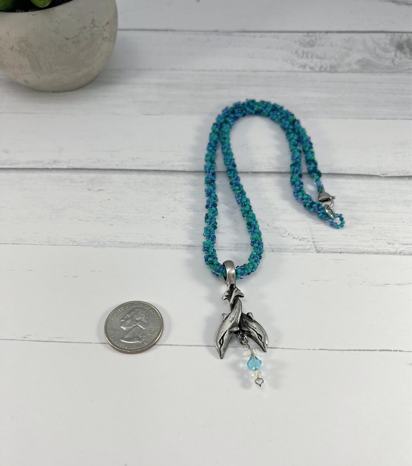 Dolphin Pendant Necklace, Beaded Spiral Rope, 20 Inch