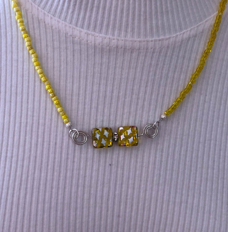 Sweet & Sunny Beaded Necklace with Silver Stars on Yellow Square Beads