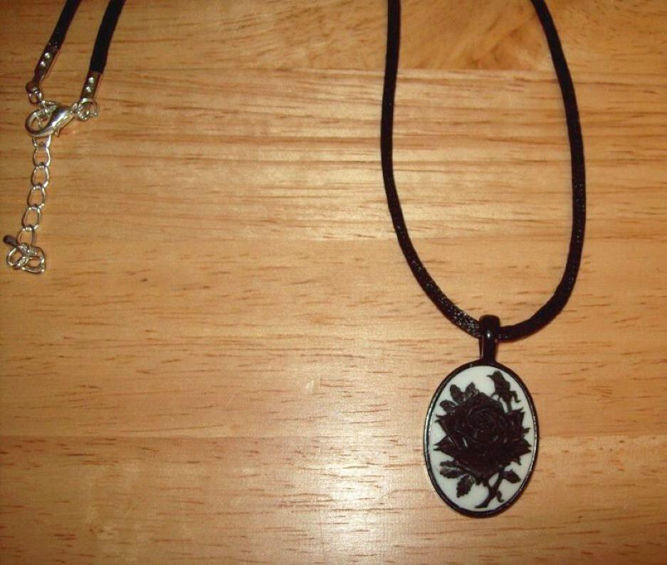 Black Rose Cameo Pendant Necklace, Satin Cord, 18X25 mm