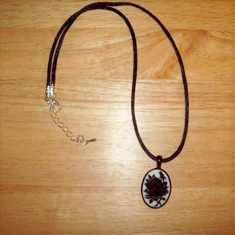 Black Rose Cameo Pendant Necklace, Satin Cord, 18X25 mm