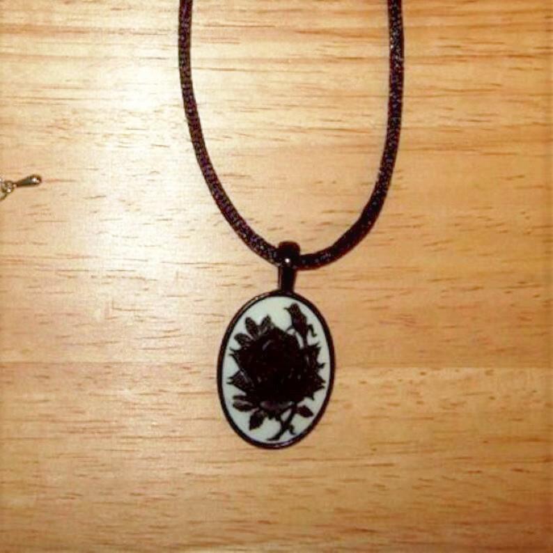 Black Rose Cameo Pendant Necklace, Satin Cord, 18X25 mm