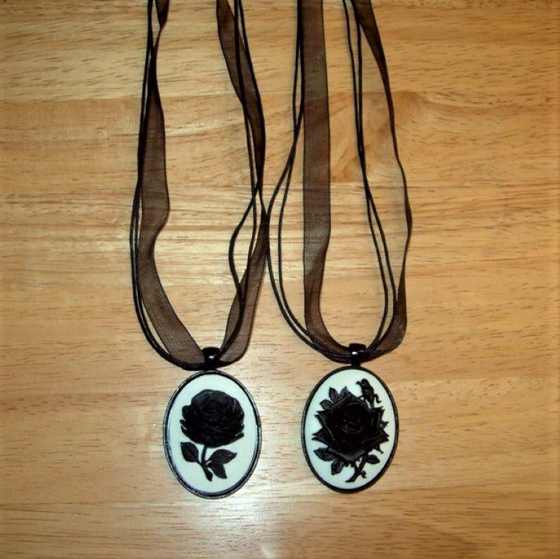 Black Rose Cameo Pendant Necklace, Organza Ribbon, 40X30 mm